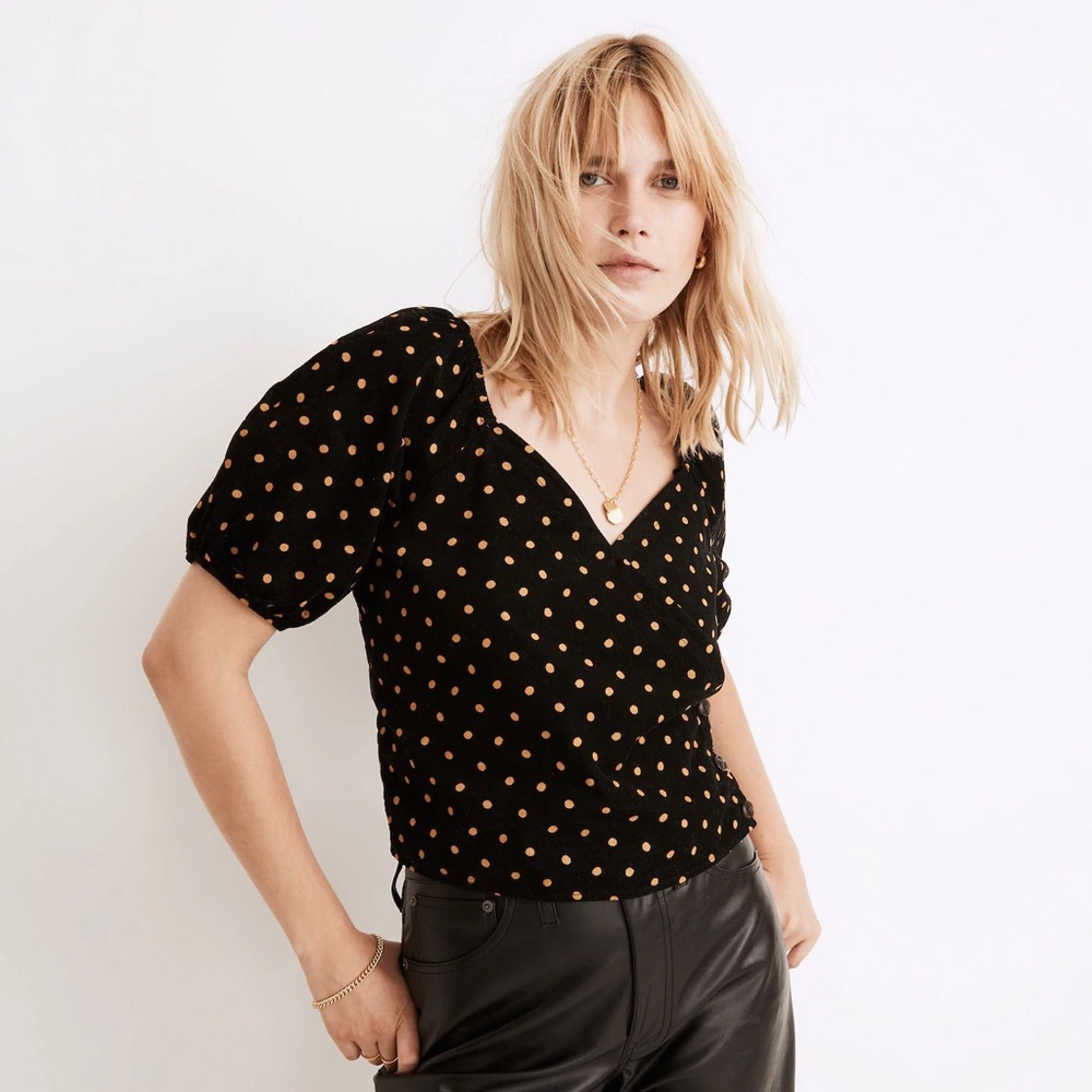 Madewell Corduroy Puff-Sleeve Wrap Top in Oval Dot Sz L